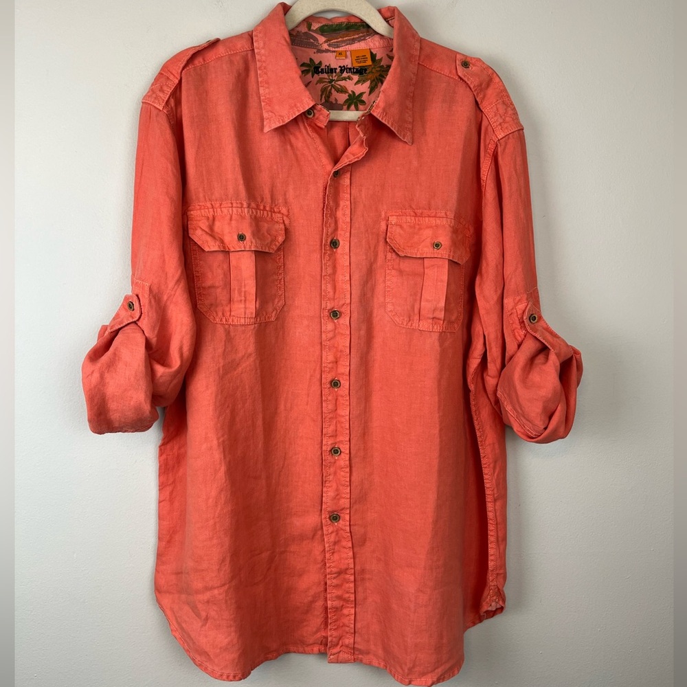 Tailor Vintage Linen Safari Style Roll Up Sleeves Men’s Shirt XL